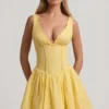 Sabina Broderie Anglaise Bow-Detail A-Line Mini Dress in Pastel Yellow