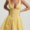 Sabina Broderie Anglaise Bow-Detail A-Line Mini Dress in Pastel Yellow