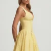 Sabina Broderie Anglaise Bow-Detail A-Line Mini Dress in Pastel Yellow