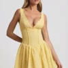 Sabina Broderie Anglaise Bow-Detail A-Line Mini Dress in Pastel Yellow
