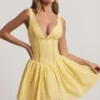 Sabina Broderie Anglaise Bow-Detail A-Line Mini Dress in Pastel Yellow