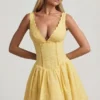 Sabina Broderie Anglaise Bow-Detail A-Line Mini Dress in Pastel Yellow