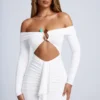 Saffron Hardware Detail Off-Shoulder Cut-Out Mini Dress in White
