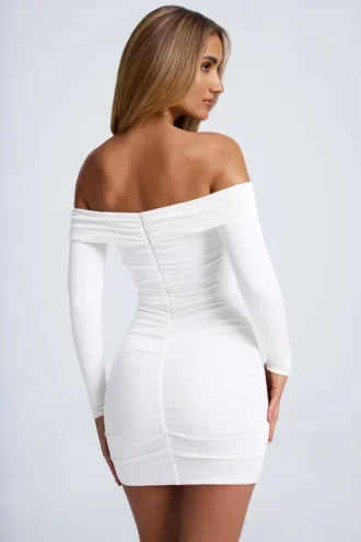 Saffron Hardware Detail Off-Shoulder Cut-Out Mini Dress in White