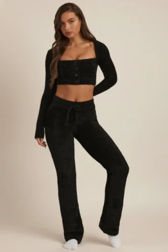 Safia Fluffy Knit Wide-Leg Trousers in Black