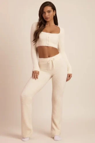 Safia Fluffy Knit Wide-Leg Trousers in Ivory