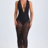 Safira Ruched Plunge Midaxi Dress in Black