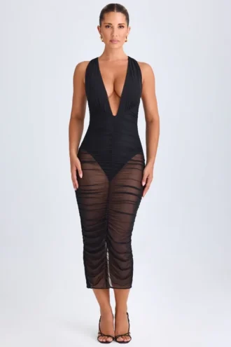 Safira Ruched Plunge Midaxi Dress in Black