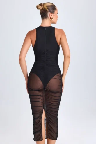 Safira Ruched Plunge Midaxi Dress in Black