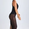 Safira Ruched Plunge Midaxi Dress in Black
