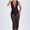 Safira Ruched Plunge Midaxi Dress in Black