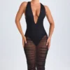 Safira Ruched Plunge Midaxi Dress in Black