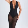 Safira Ruched Plunge Midaxi Dress in Black