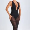 Safira Ruched Plunge Midaxi Dress in Black