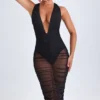 Safira Ruched Plunge Midaxi Dress in Black