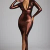 safiya Long Sleeve Metallic Jersey Evening Gown in Copper Bronze
