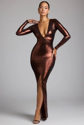 safiya Long Sleeve Metallic Jersey Evening Gown in Copper Bronze