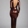 safiya Long Sleeve Metallic Jersey Evening Gown in Copper Bronze