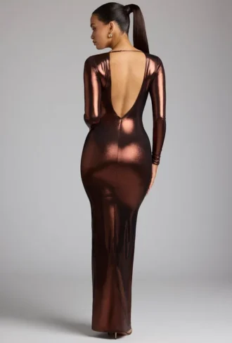 safiya Long Sleeve Metallic Jersey Evening Gown in Copper Bronze