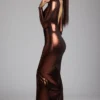 safiya Long Sleeve Metallic Jersey Evening Gown in Copper Bronze