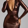 safiya Long Sleeve Metallic Jersey Evening Gown in Copper Bronze