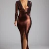 safiya Long Sleeve Metallic Jersey Evening Gown in Copper Bronze