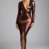 safiya Long Sleeve Metallic Jersey Evening Gown in Copper Bronze