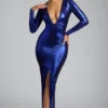 safiya Long Sleeve Metallic Jersey Evening Gown in Electric Blue