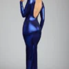 safiya Long Sleeve Metallic Jersey Evening Gown in Electric Blue