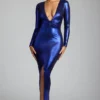safiya Long Sleeve Metallic Jersey Evening Gown in Electric Blue