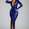 safiya Long Sleeve Metallic Jersey Evening Gown in Electric Blue