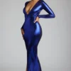 safiya Long Sleeve Metallic Jersey Evening Gown in Electric Blue