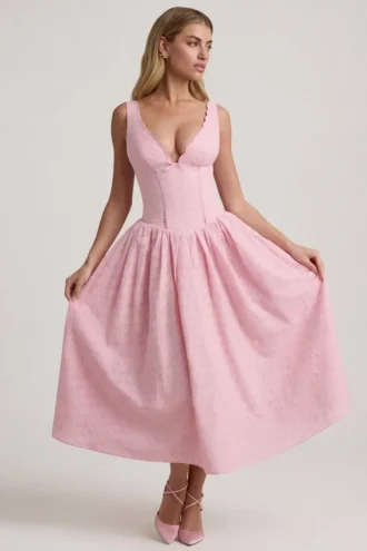 Saidey Broderie Anglaise Bow-Detail A-Line Midaxi Dress in Soft Pink