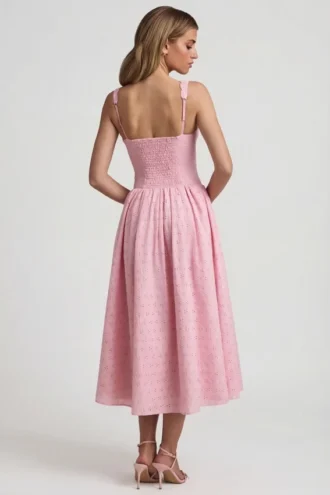 Saidey Broderie Anglaise Bow-Detail A-Line Midaxi Dress in Soft Pink
