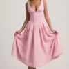 Saidey Broderie Anglaise Bow-Detail A-Line Midaxi Dress in Soft Pink