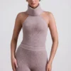Sakari Ribbed-Knit Turtleneck Backless Top in Taupe