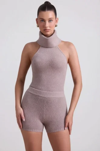 Sakari Ribbed-Knit Turtleneck Backless Top in Taupe