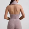 Sakari Ribbed-Knit Turtleneck Backless Top in Taupe