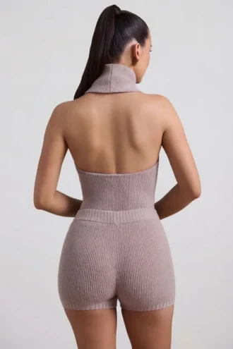 Sakari Ribbed-Knit Turtleneck Backless Top in Taupe