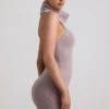 Sakari Ribbed-Knit Turtleneck Backless Top in Taupe