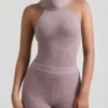 Sakari Ribbed-Knit Turtleneck Backless Top in Taupe