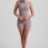 Sakari Ribbed-Knit Turtleneck Backless Top in Taupe