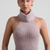 Sakari Ribbed-Knit Turtleneck Backless Top in Taupe