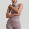 Sakari Ribbed-Knit Turtleneck Backless Top in Taupe