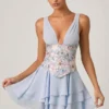 Sakura Embellished Ruffled Corset Mini Dress in Floral Blue