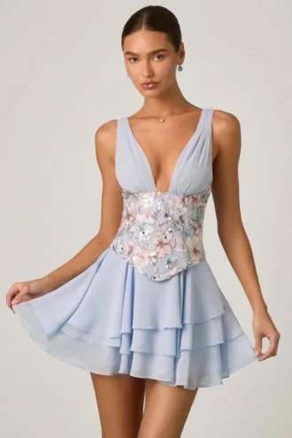 Sakura Embellished Ruffled Corset Mini Dress in Floral Blue