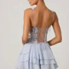 Sakura Embellished Ruffled Corset Mini Dress in Floral Blue