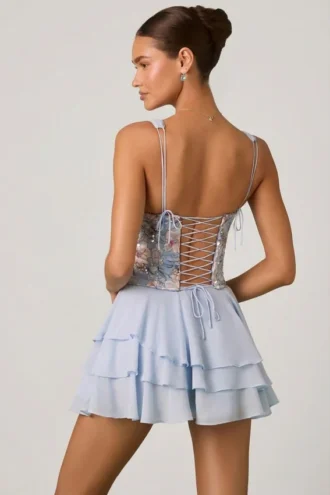 Sakura Embellished Ruffled Corset Mini Dress in Floral Blue