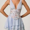 Sakura Embellished Ruffled Corset Mini Dress in Floral Blue