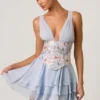 Sakura Embellished Ruffled Corset Mini Dress in Floral Blue